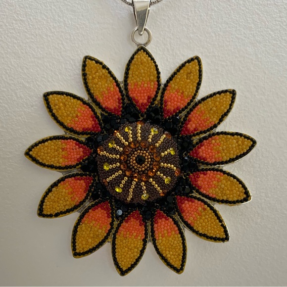 Spring Bohemian Sunflower Sterling Silver Pendant and Earrings Set - Picture 1 of 4